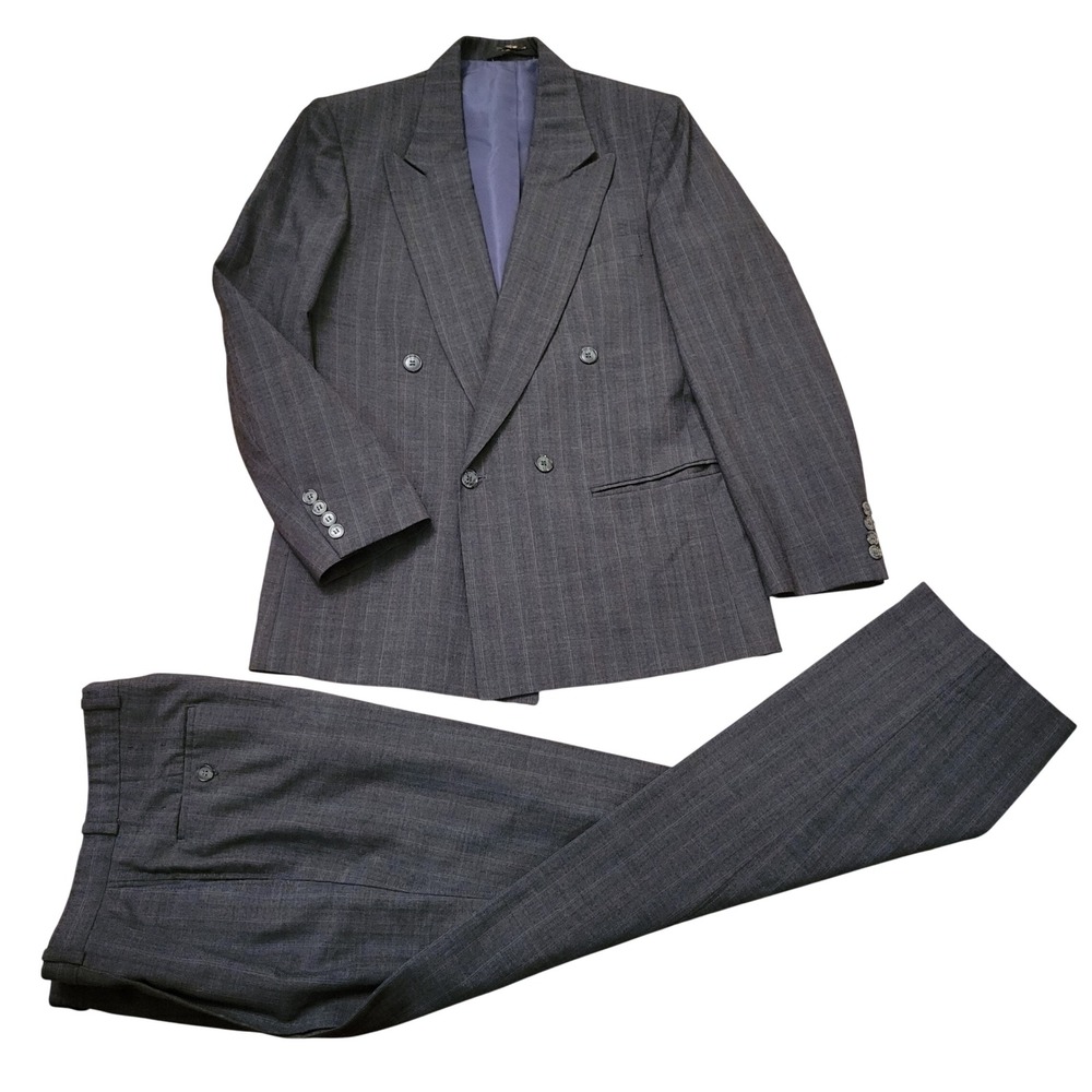 John Henry 42R Suit Gray Stripe Double Breasted Wool Pleated Old Money 37.5x29
